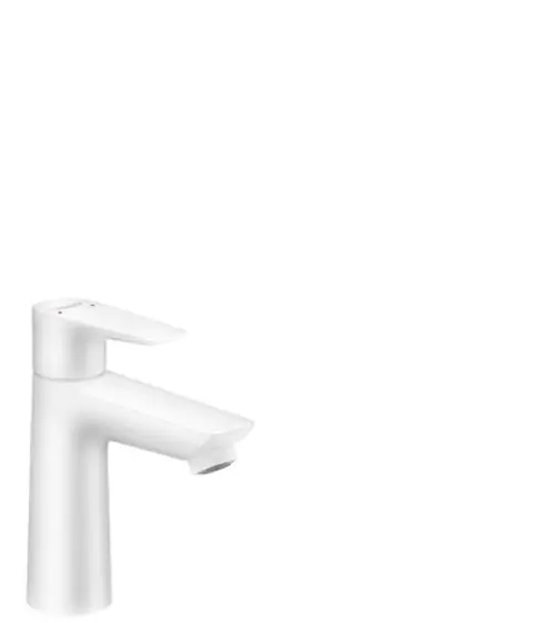 Einhebel-Waschtischmischer in Mattweiß von Hansgrohe mit einem schlichten Design. Der Wasserhahn hat einen Auslauf und Steuerungselemente für Temperatur und Durchfluss.